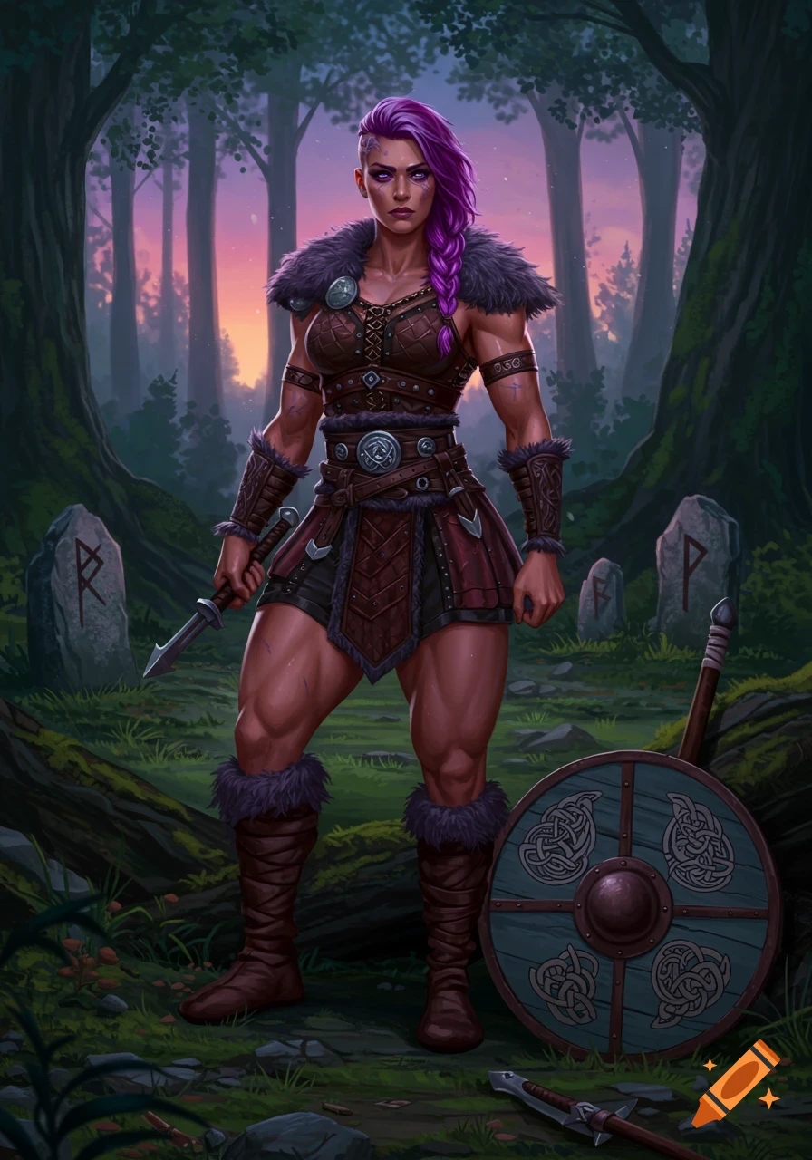 A muscular female warrior with purple hair in leather armor, holding a dagger, stands in a forest with rune stones and a shield, digital art.