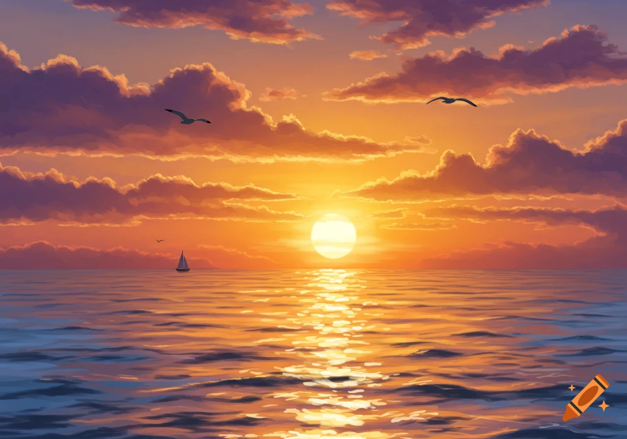 A vibrant digital painting of a golden sunset over a calm ocean, with a sailboat and seagulls under an orange and purple sky.