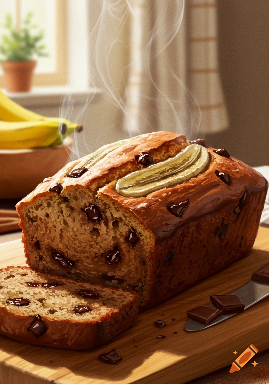 Freshly baked chocolate chip banana bread, partially sliced on a wooden board, with bananas in a sunlit kitchen background.