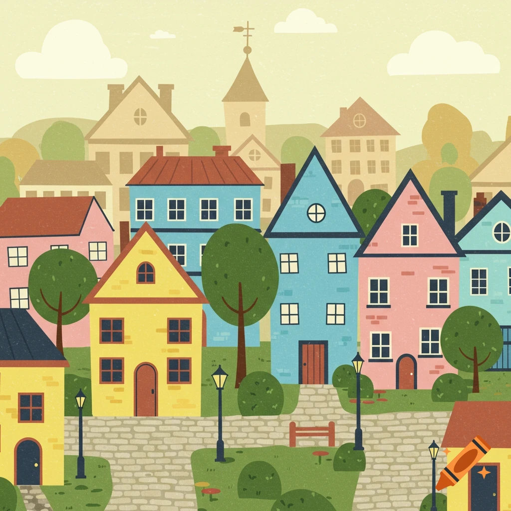 Colorful cartoon illustration of a charming town with various houses, trees, lampposts, and a stone path under a cloudy sky.