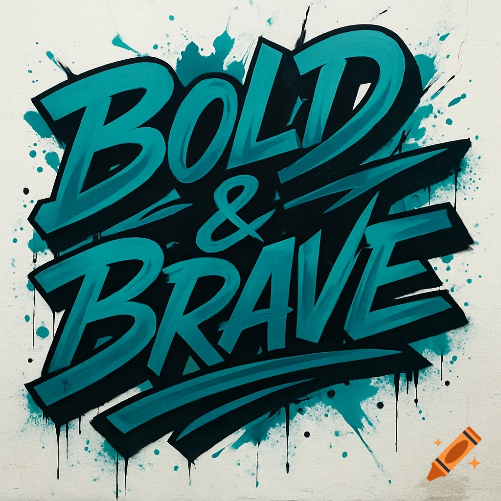 Stylized graffiti art spells 'BOLD & BRAVE' in teal and black with paint splatters on a white wall.
