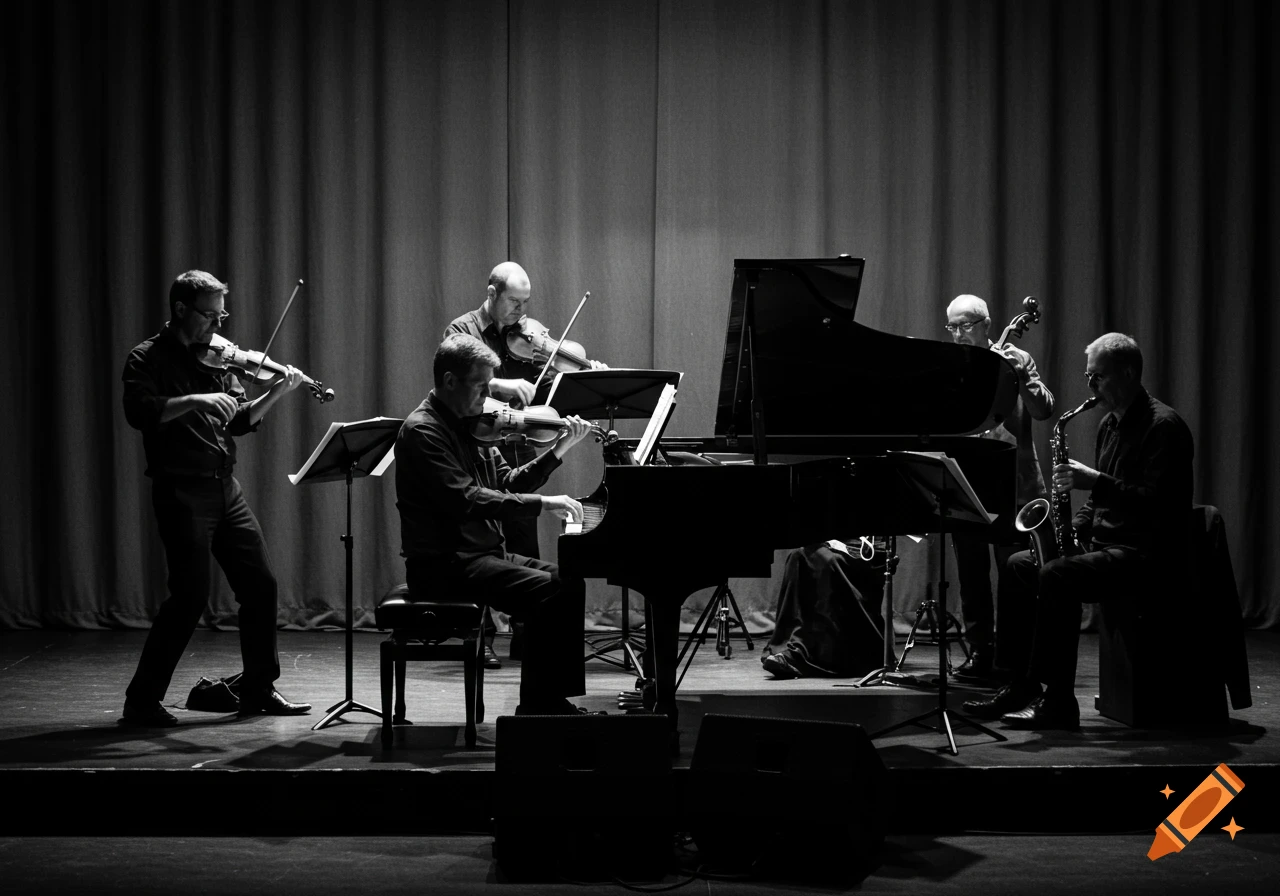 Black and white photo of a small orchestra with piano, violins, saxophone, and double bass performing on a spotlighted stage.