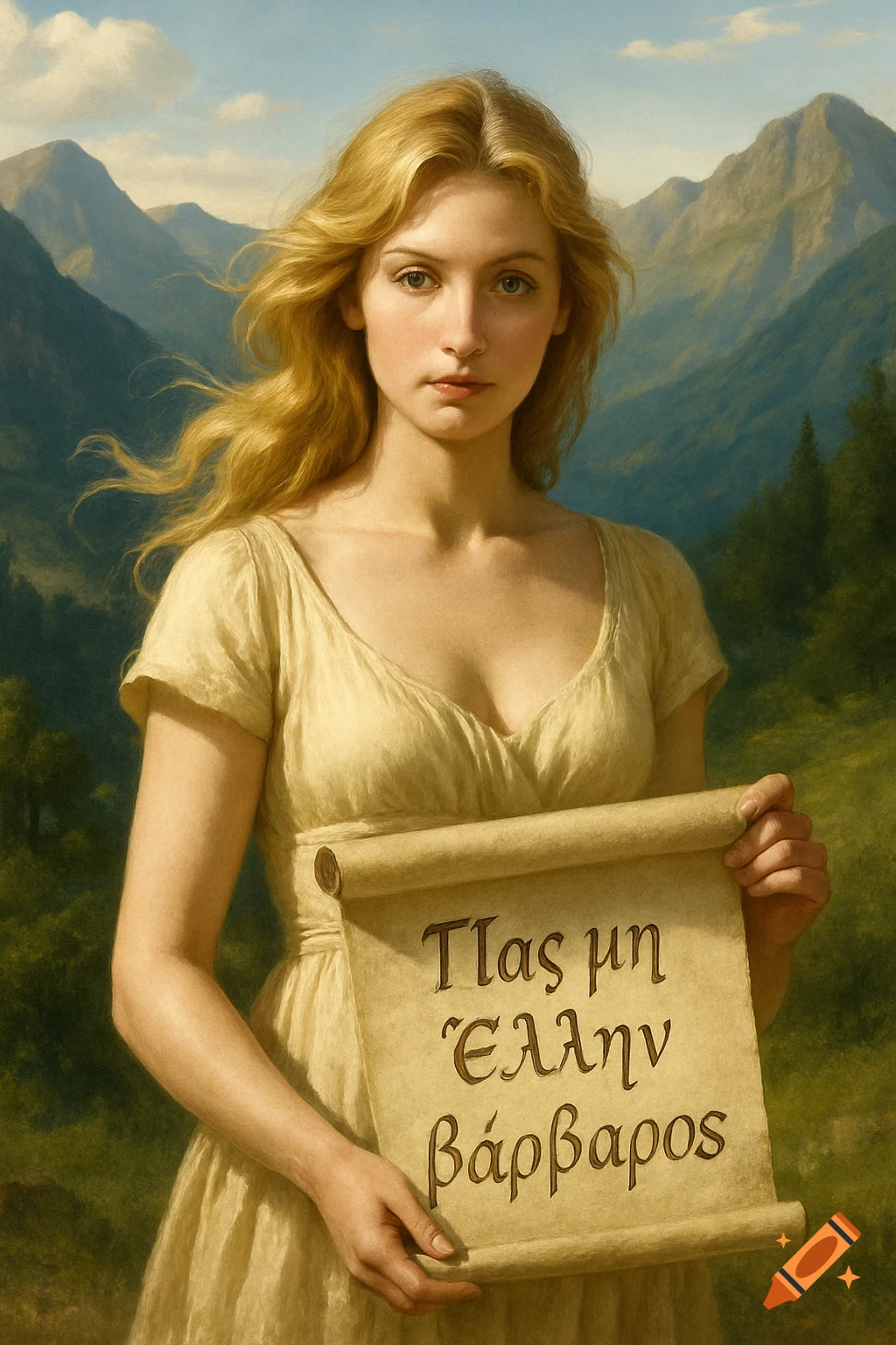 A blonde woman in a classical dress holds a scroll with Greek text, standing in a serene, realistic mountain landscape.
