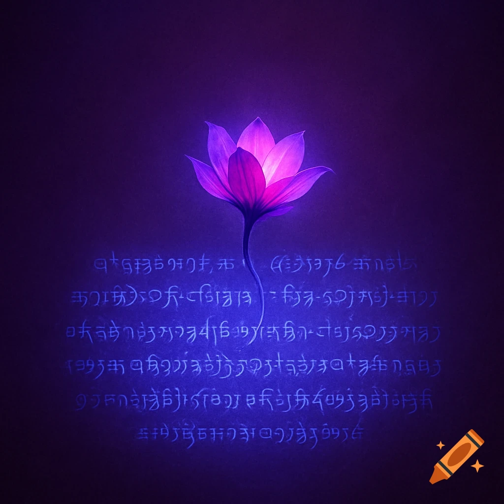 A glowing purple lotus flower with luminous illegible characters on a dark purple background.