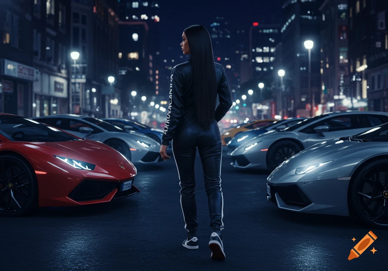 A woman in a black jumpsuit stands with her back to the viewer on a dark city street, surrounded by several luxury sports cars at night, photorealistic.