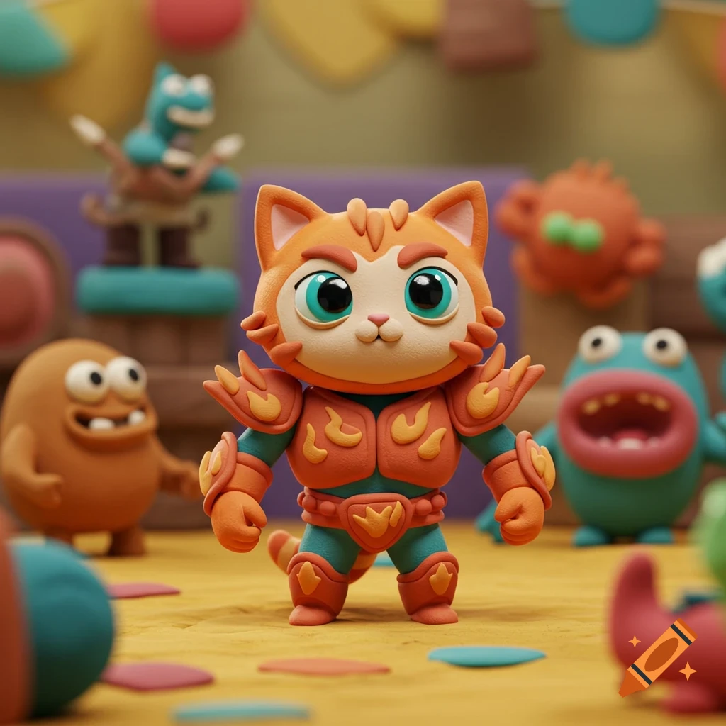 A claymation-style image of an armored orange cat character with large blue eyes, standing amongst other stylized monster figures.