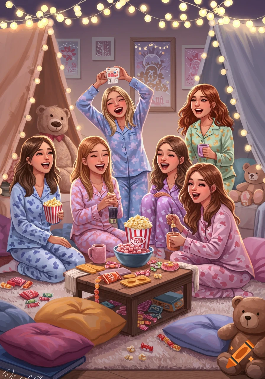 An illustration of six smiling girls in pajamas having a lively sleepover with popcorn and candy.