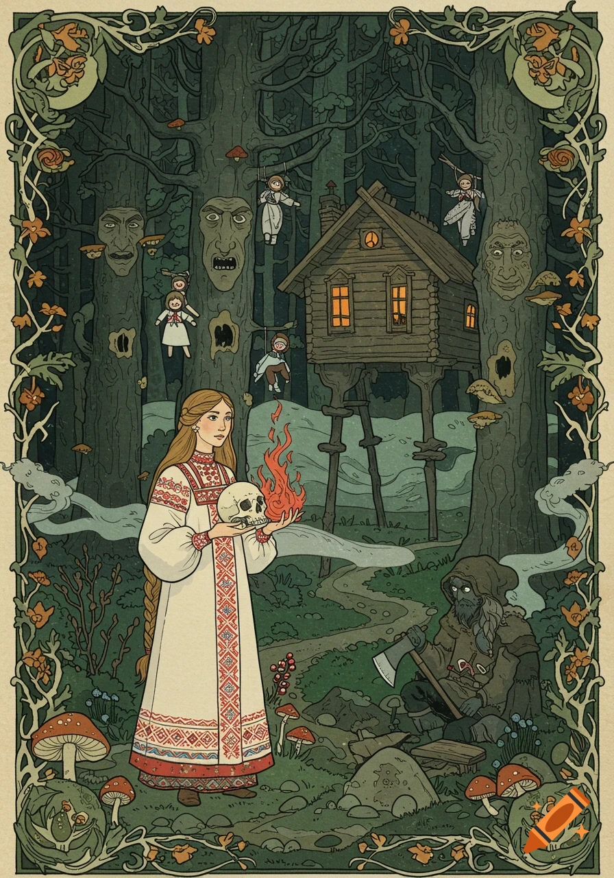 Bilibin-style illustration of Vasilisa holding a flaming skull in an enchanted forest with a hut, tree faces, and a woodsman.