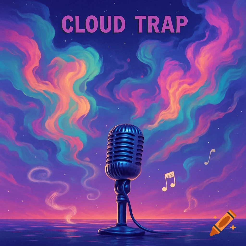 A stylized album cover features a microphone against a vibrant purple and orange sky filled with swirling, colorful clouds and musical notes. The text "CLOUD TRAP" is at the top.