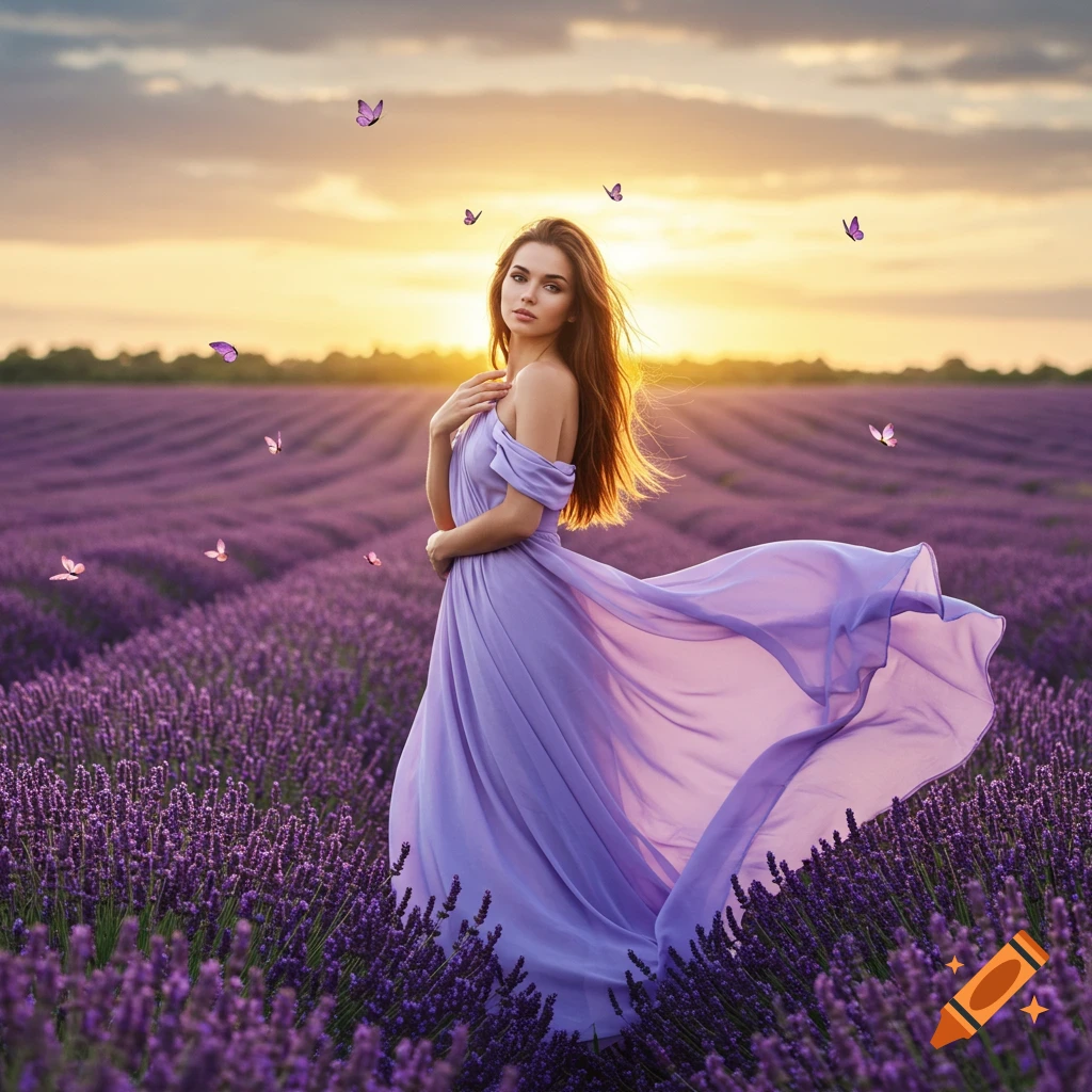 A woman in a flowing purple dress stands in a lavender field at sunset with butterflies, in a photorealistic style.