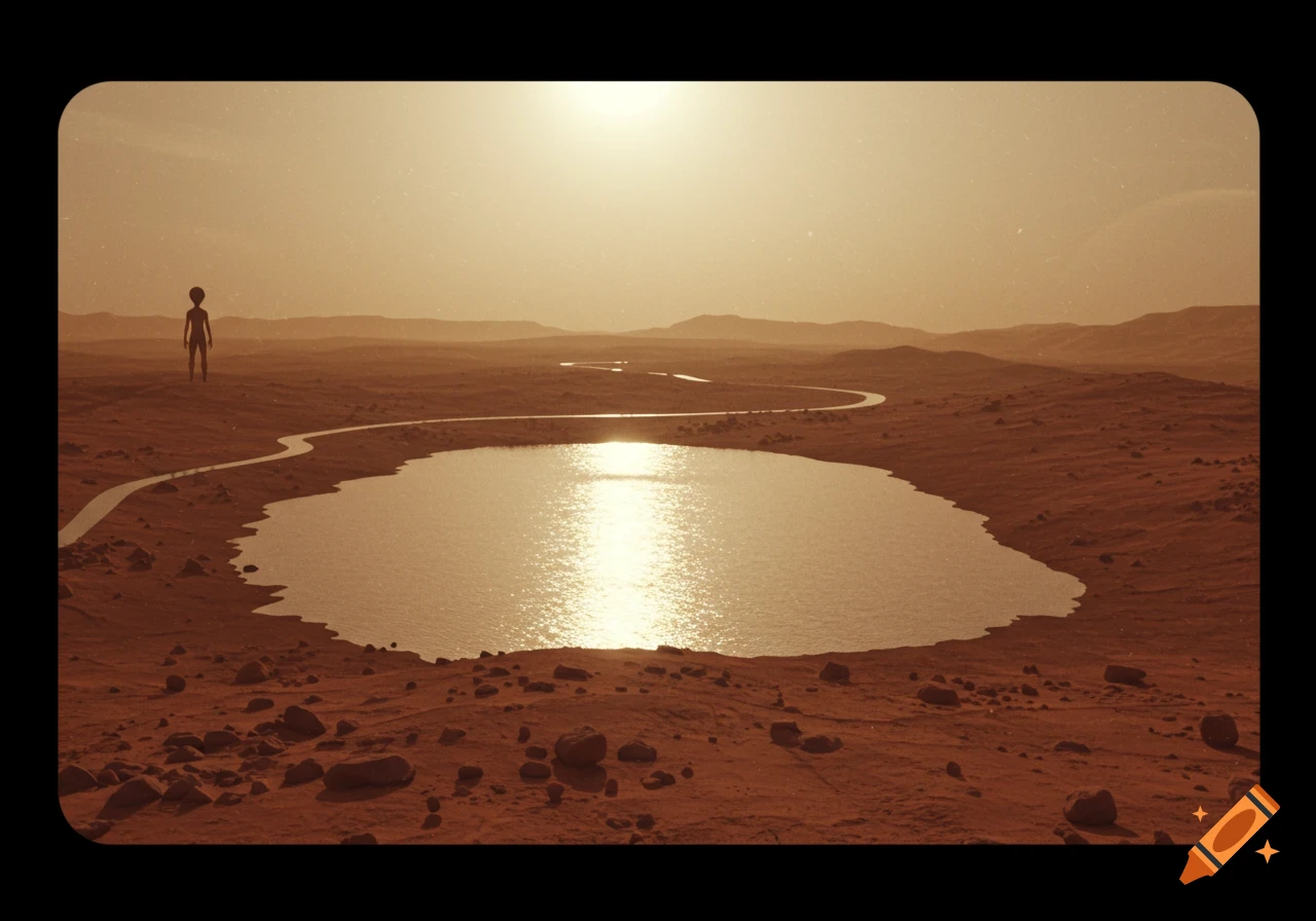 Vintage photo of a Martian landscape with a reflective lake, winding river, and a distant alien silhouette under a bright sun.
