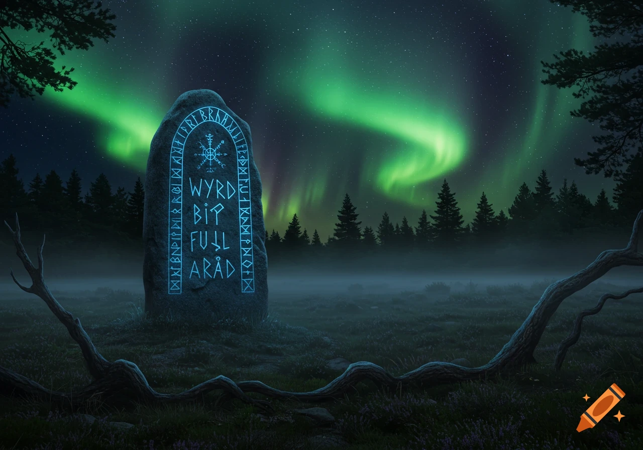 A glowing runestone with the text "Wyrd bið ful aræd" stands in a misty forest under a vibrant green aurora borealis at night.