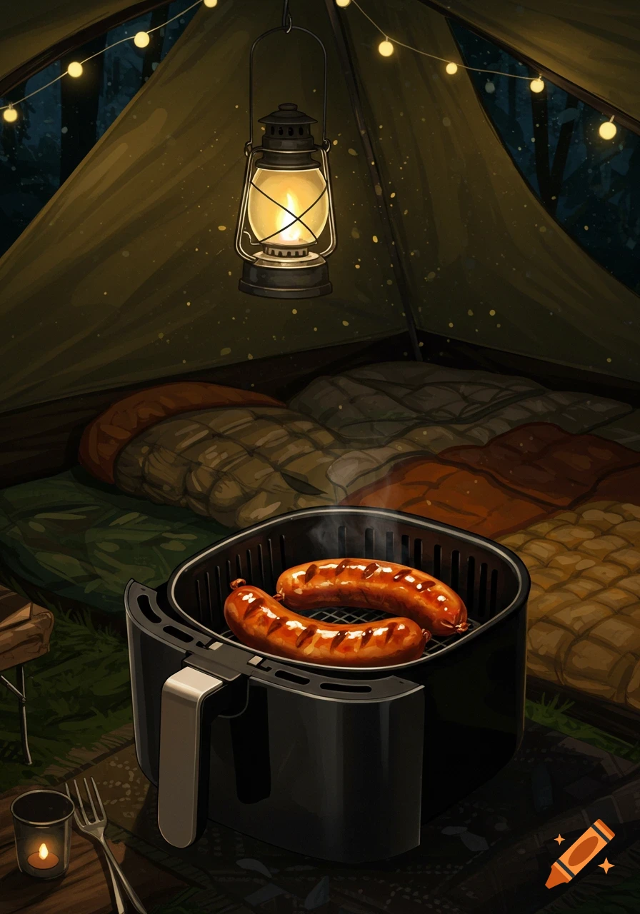 Two sizzling sausages in an air fryer, illuminated by a lantern and string lights inside a tent at night, in an illustrative style.