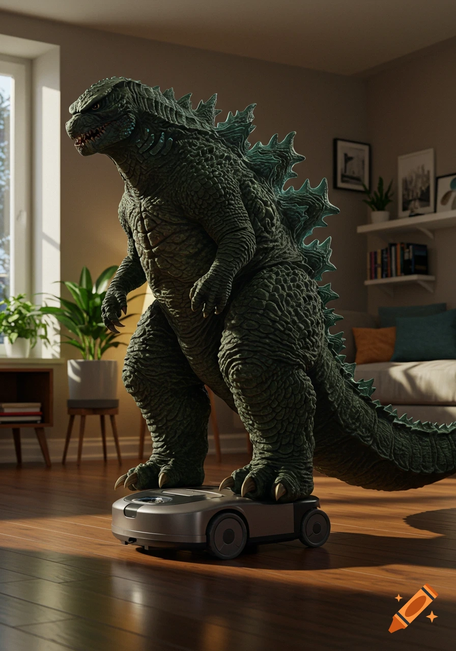 A photorealistic Godzilla stands on a Roomba robot vacuum cleaner in a sunlit living room with wooden floors.