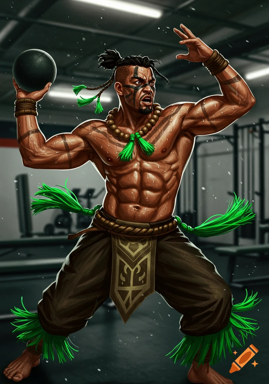 A muscular warrior with face paint and green tassels holds a black ball, sweating intensely in a gym.
