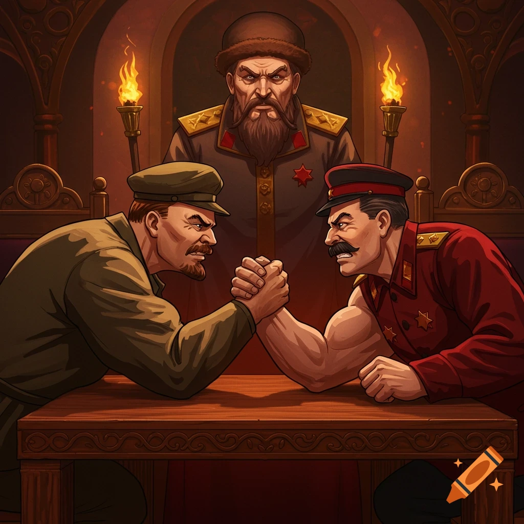 Lenin and Stalin arm wrestle on a wooden table, observed by a bearded Ivan the Terrible, in an anime style.