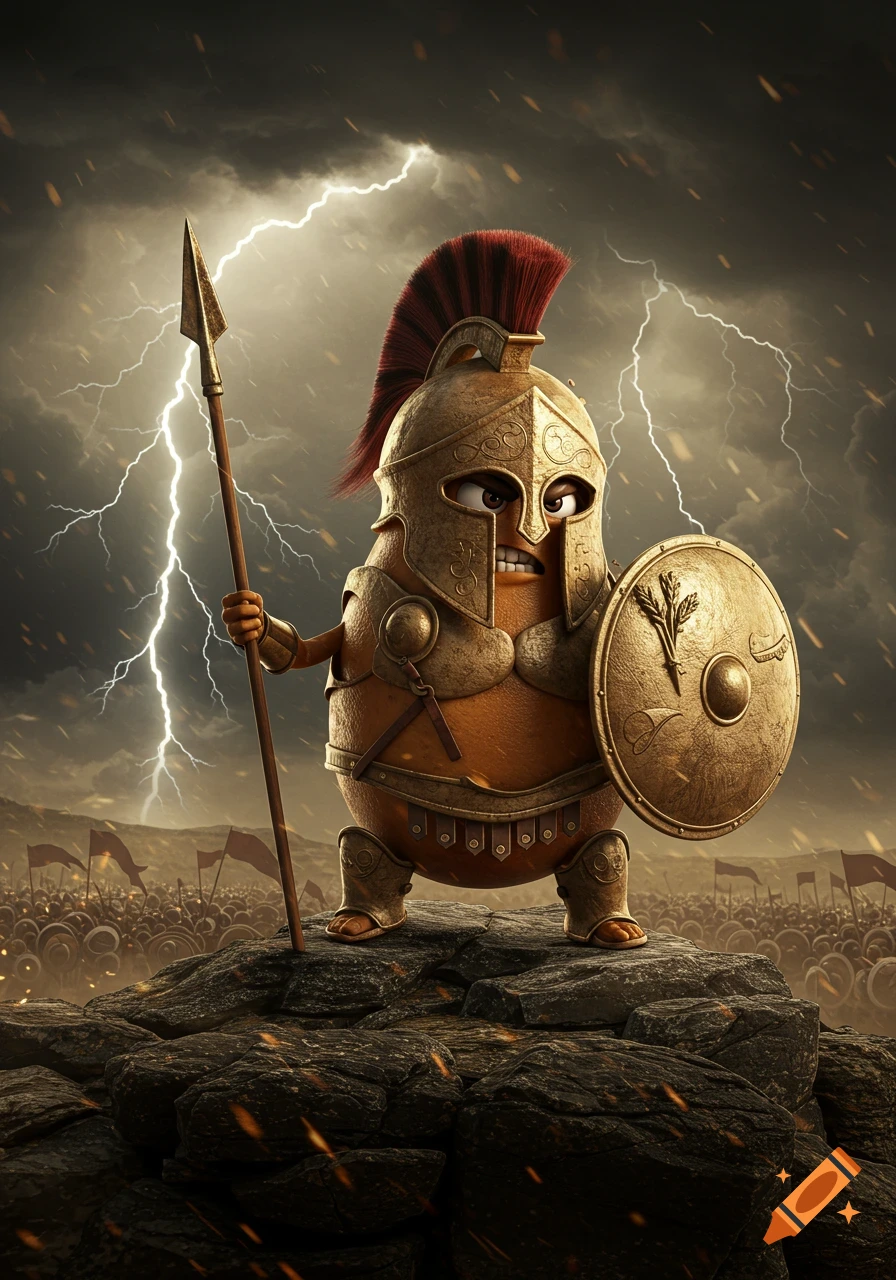 A cartoon potato Spartan warrior with spear and shield stands on rocks under a stormy, lightning-filled sky with an army in the background.