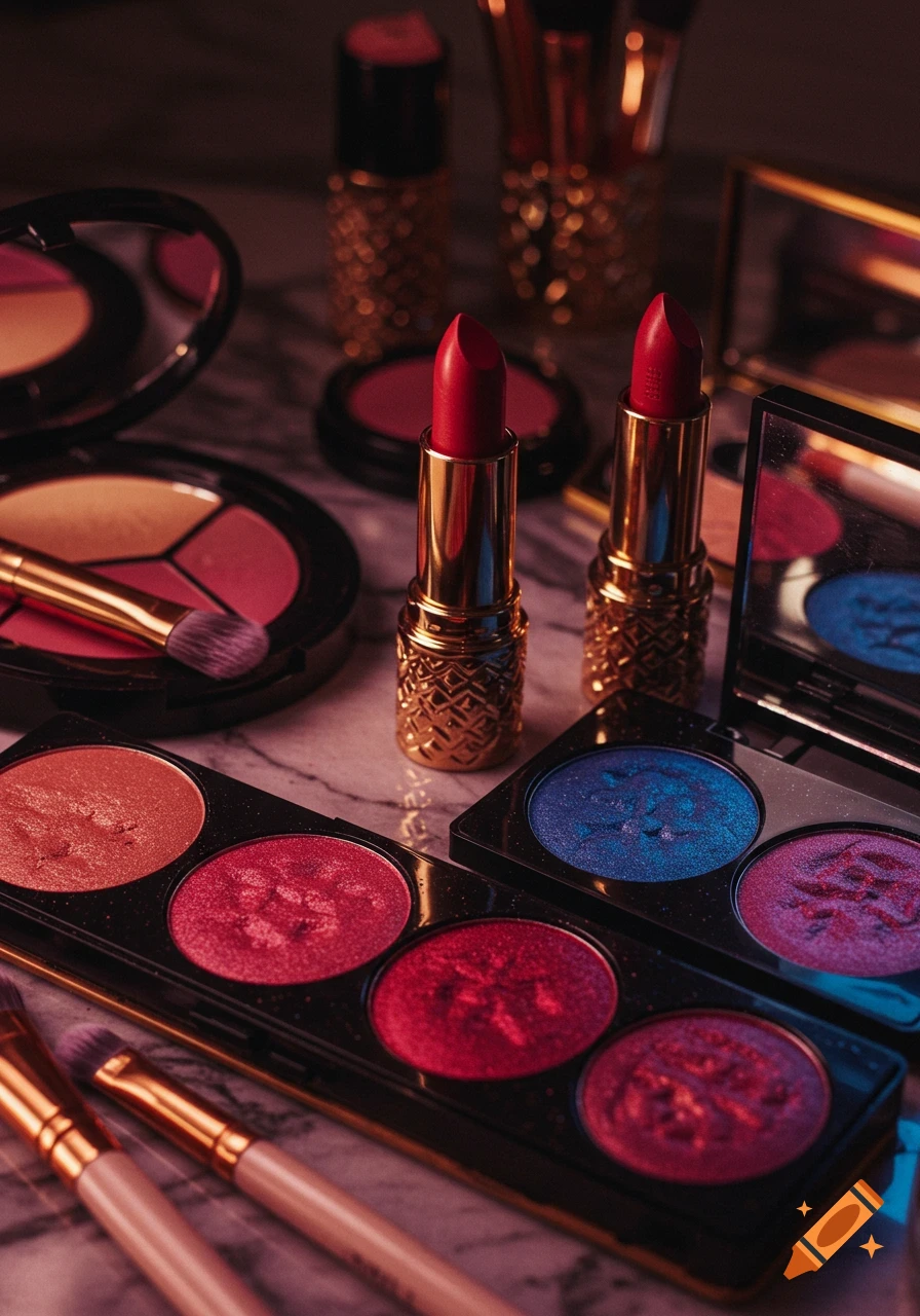 Close-up of two red lipsticks, colorful eyeshadow palettes, and makeup brushes on a marble surface, dramatically lit.