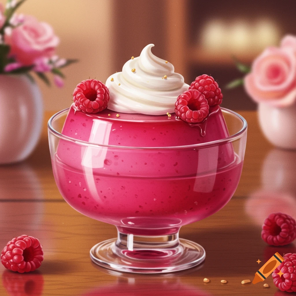 A vibrant pink pudding with raspberries, whipped cream, and golden sprinkles in a glass dish on a wooden table.