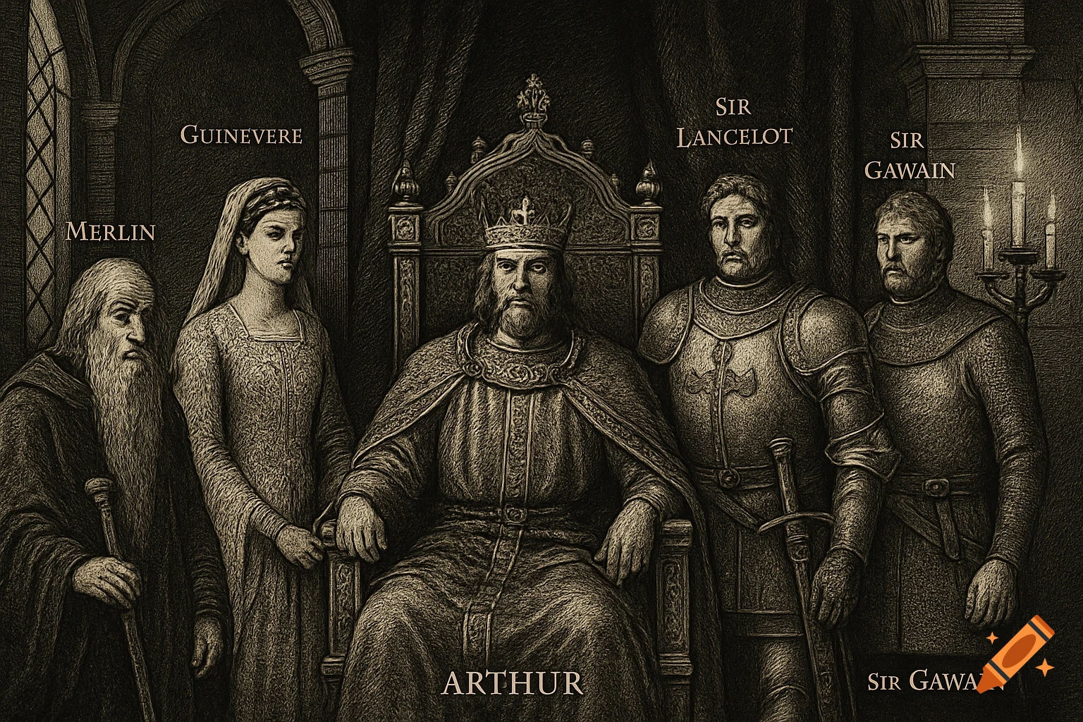 An old-style black and white illustration of King Arthur, Guinevere, Merlin, Sir Lancelot, and Sir Gawain with their names labeled.