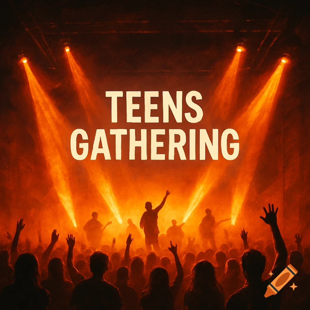 Silhouetted crowd with hands raised at a concert under dramatic orange spotlights, with the text TEENS GATHERING.