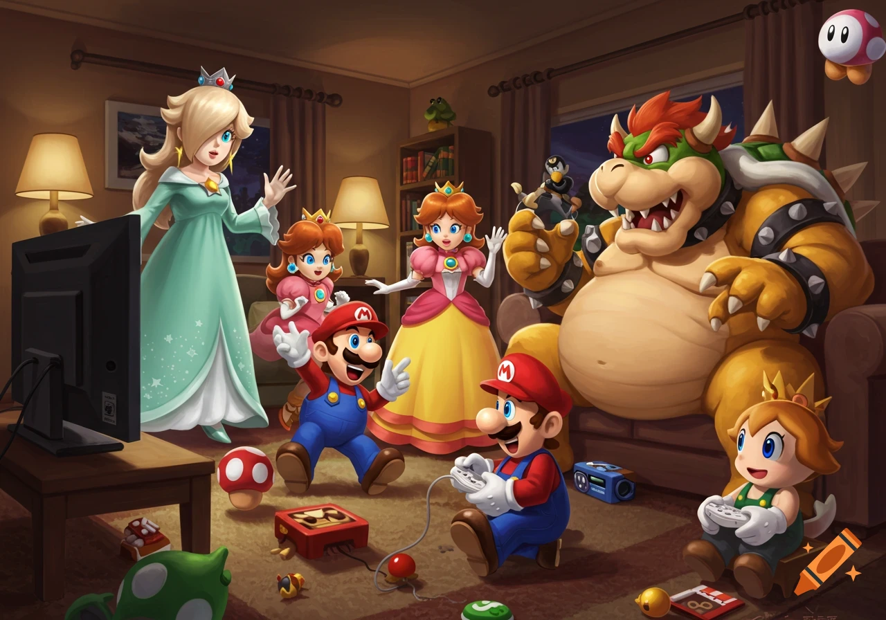 Mario, Rosalina, Peach, Daisy, Bowser, and a baby character play Wii in a cozy living room, digital illustration.