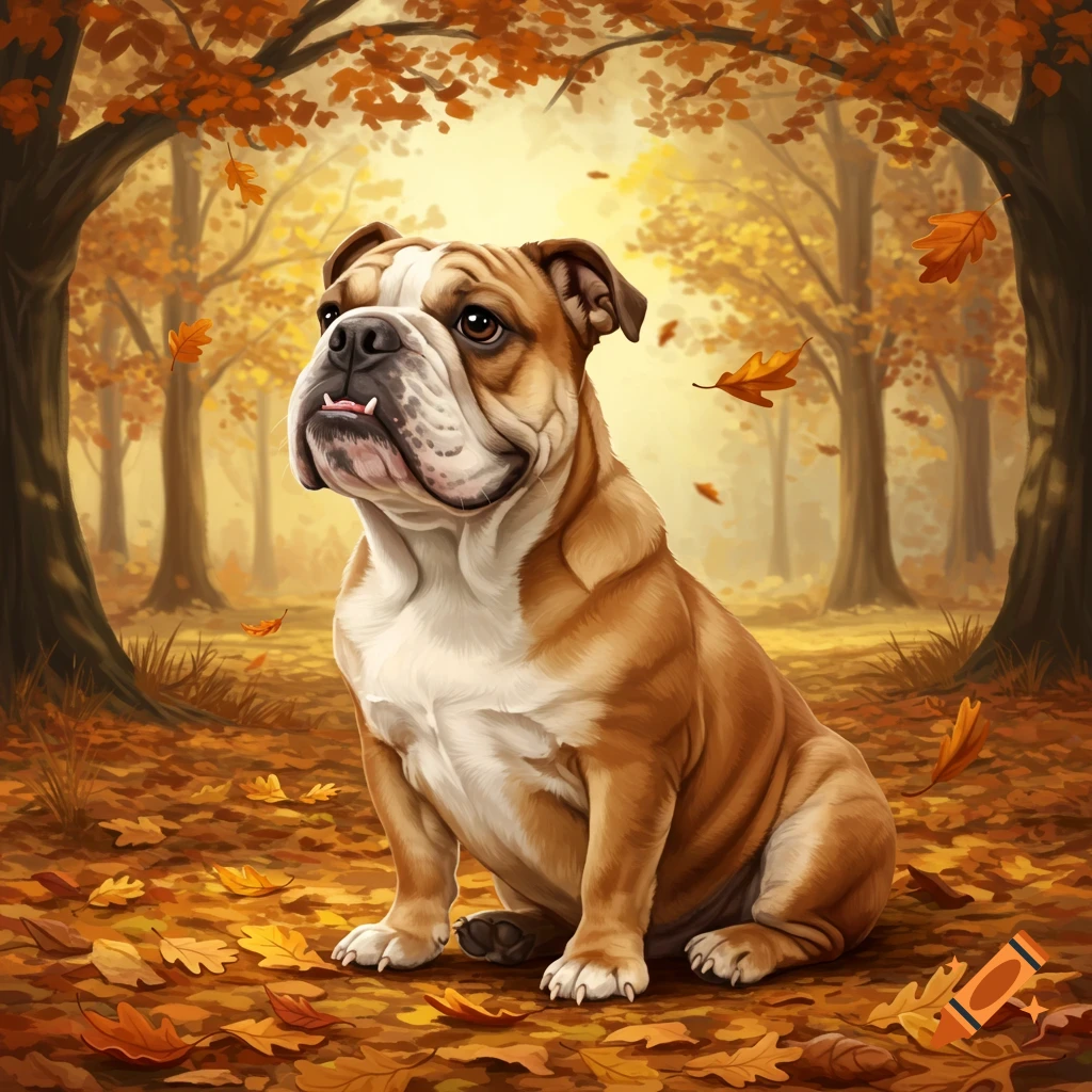 A brown and white bulldog sits among fallen autumn leaves in an illustrative style.