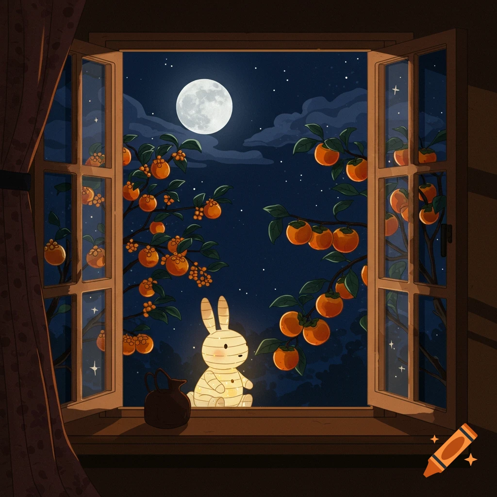 A warmly styled illustration of a glowing rabbit lantern on a window sill, looking out at a full moon and persimmon trees at night.