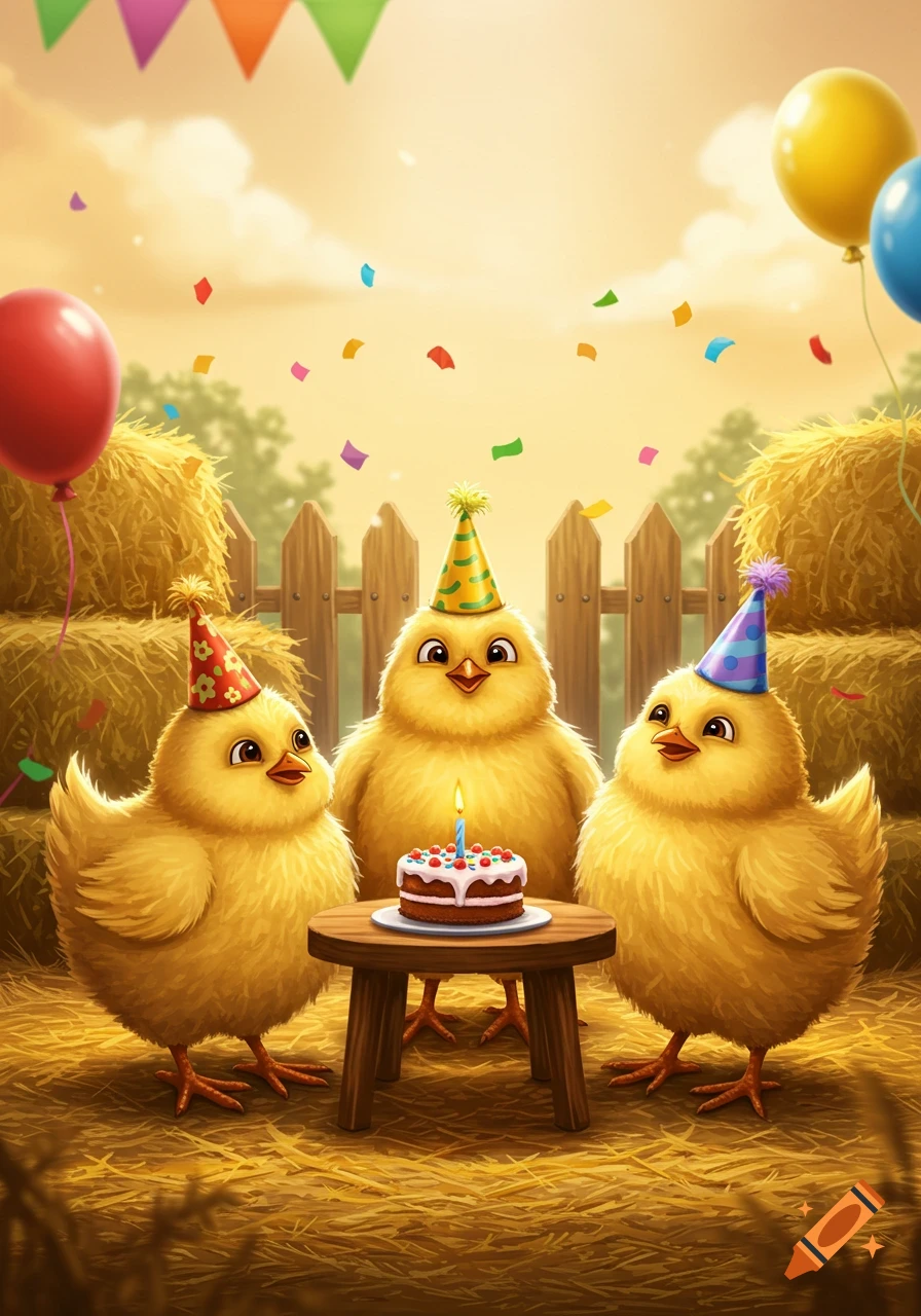 Three cartoon yellow chicks in party hats celebrate a birthday with a cake, balloons, and confetti on a hay-filled farm.