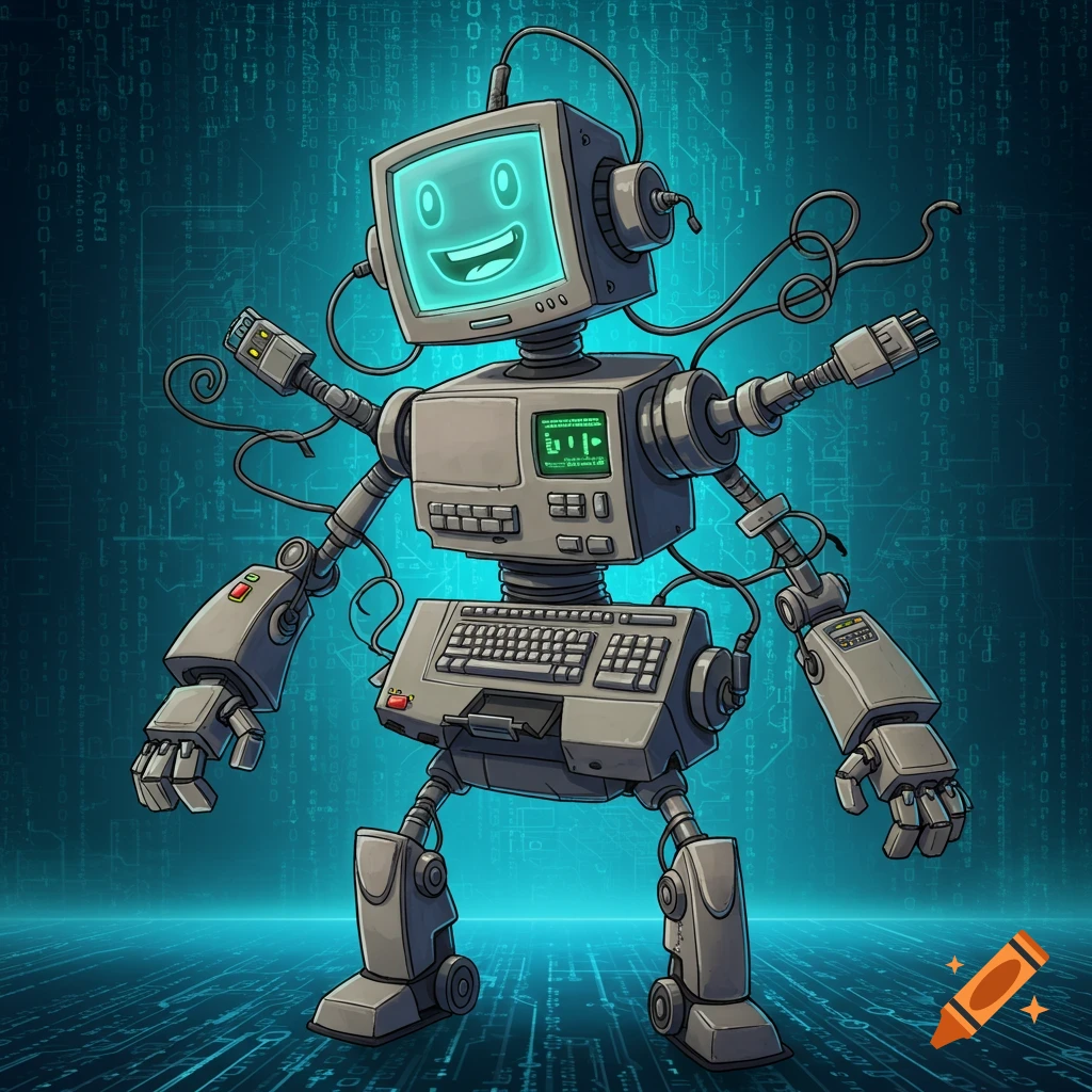 Cartoon robot made of computer parts, including a monitor head with a happy face, a keyboard body, and wires, against a binary code background.