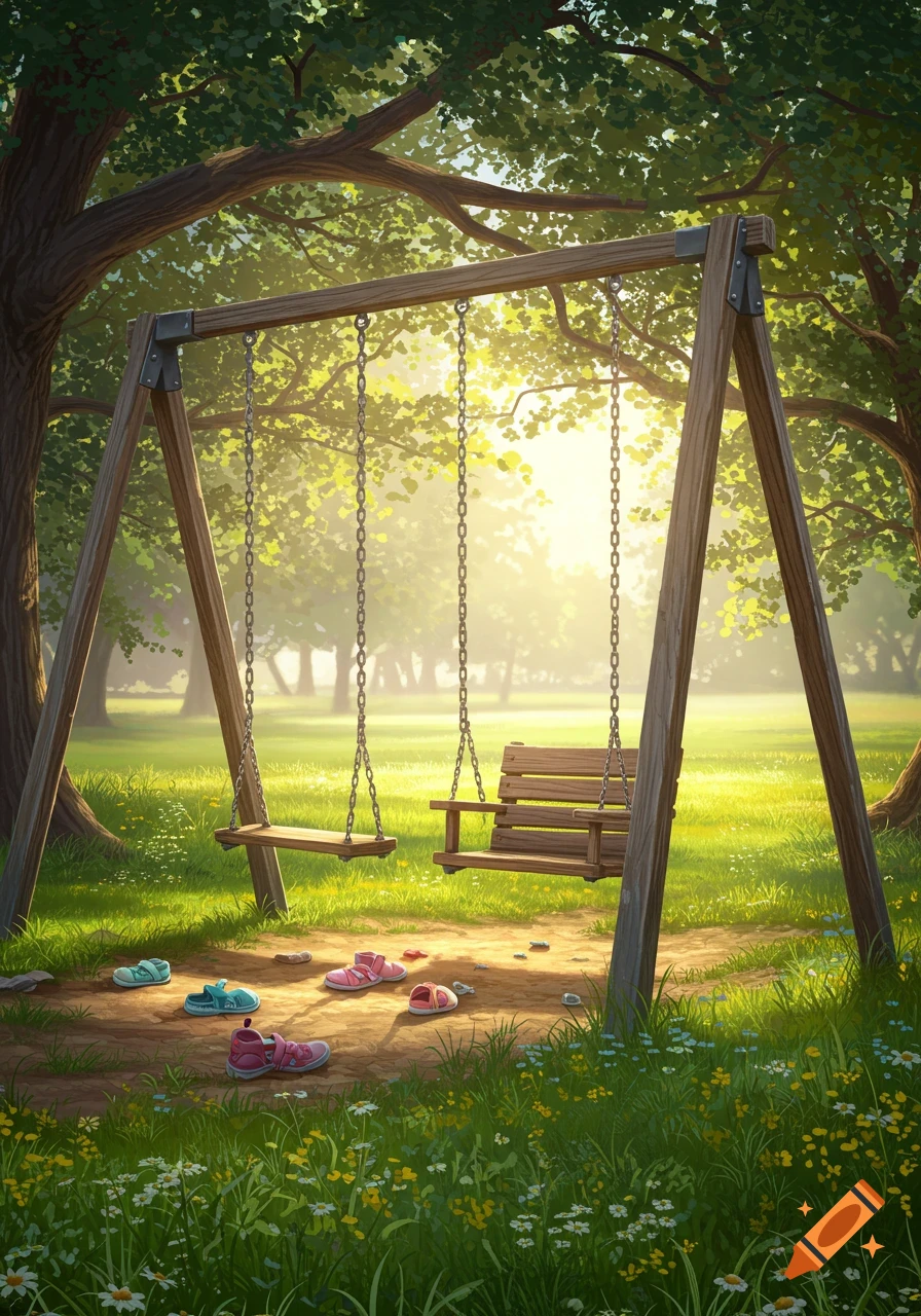 A colorful illustration of a wooden swingset in a sunny park, with green trees, wildflowers, and children's shoes on the ground.