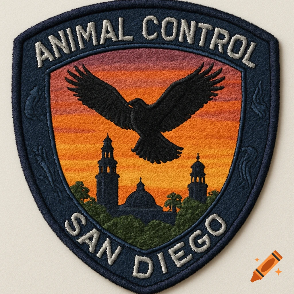 An embroidered patch for Animal Control San Diego, featuring a black raven soaring over a city skyline at sunset.