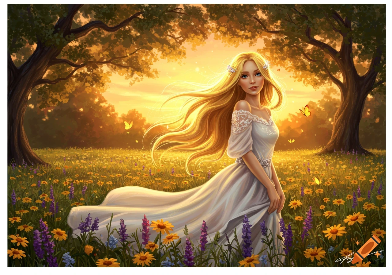 A blonde woman in a white dress stands in a vibrant meadow filled with yellow and purple flowers at sunset, with trees.