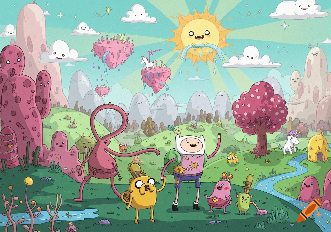 Adventure Time style cartoon landscape with Finn, Jake, and whimsical creatures under a smiling sun.