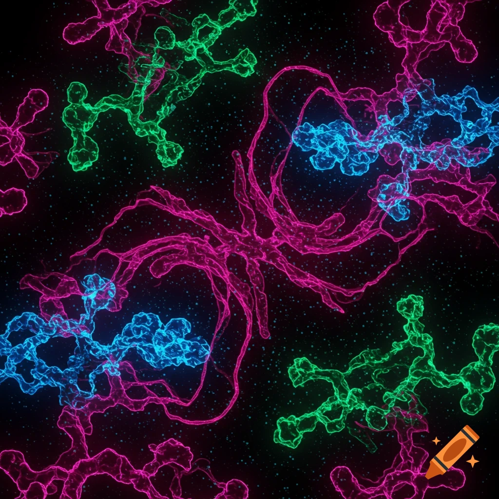 Glowing abstract cellular forms in neon pink, green, and blue against a dark background with small specks.