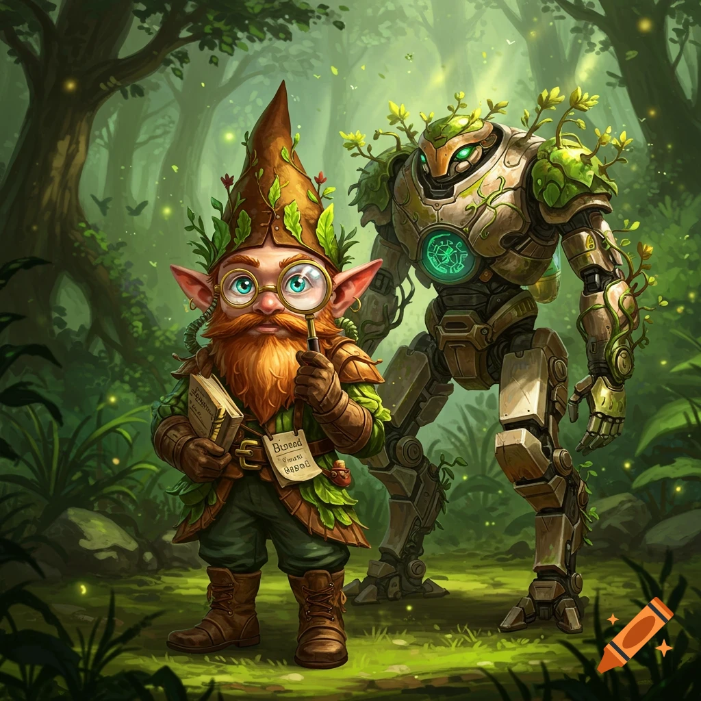 A bespectacled gnome biologist with a magnifying glass stands beside a nature-themed robot in a lush forest.