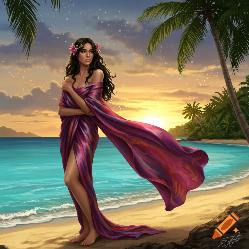 A woman in a flowing colorful sarong stands on a sandy tropical beach at sunset, with palm trees and ocean waves. Digital art.