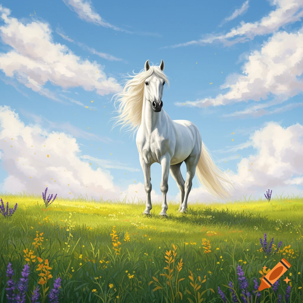 A majestic white horse with a flowing mane stands in a vibrant wildflower meadow under a blue sky with white clouds, in an illustrative style.