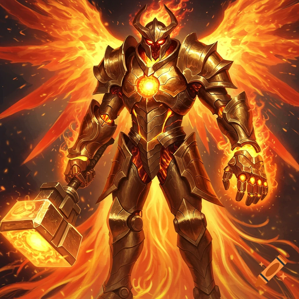 A powerful, horned warrior in glowing golden armor with fiery wings holds a flaming hammer and radiant gauntlet.