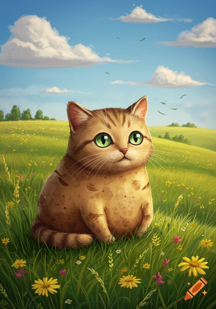 A cute, cartoonish, chubby brown tabby cat with large green eyes sits in a vibrant green meadow filled with yellow and pink wildflowers under a blue sky.