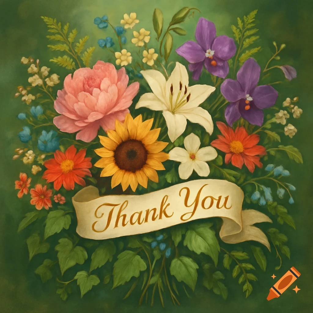 A vibrant painterly bouquet of pink, white, yellow, and purple flowers with green leaves and a 'Thank You' banner.