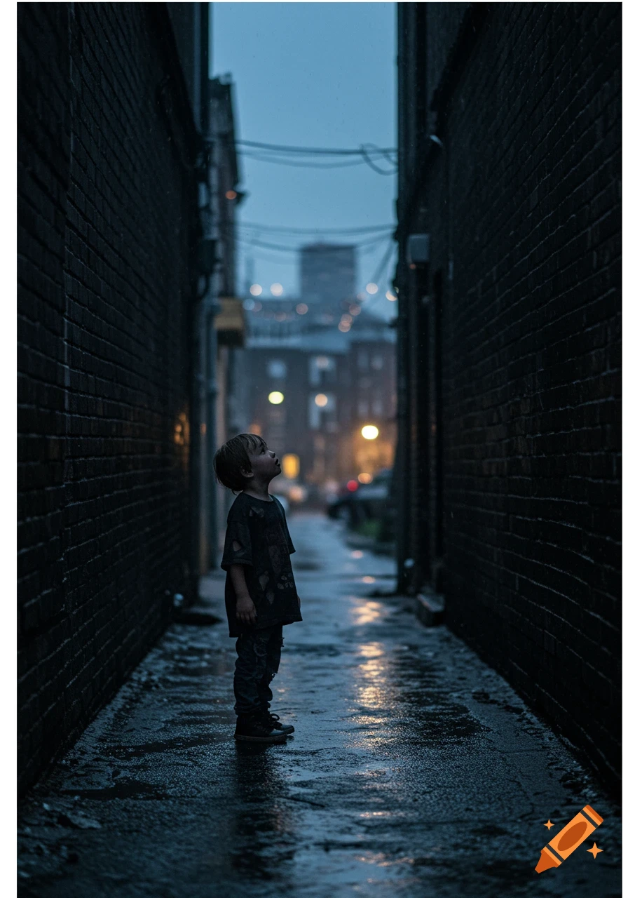 A child in torn clothes stands in a dark, wet alley during rain, looking up at distant city lights in a photorealistic style.