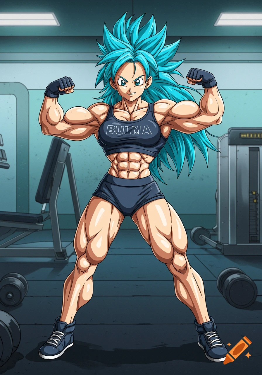 An anime-style image of a very muscular Bulma from Dragon Ball, with blue spiky hair, wearing a black sports bra and shorts, flexing her biceps in a gym. The text "BULMA" is on her sports bra.
