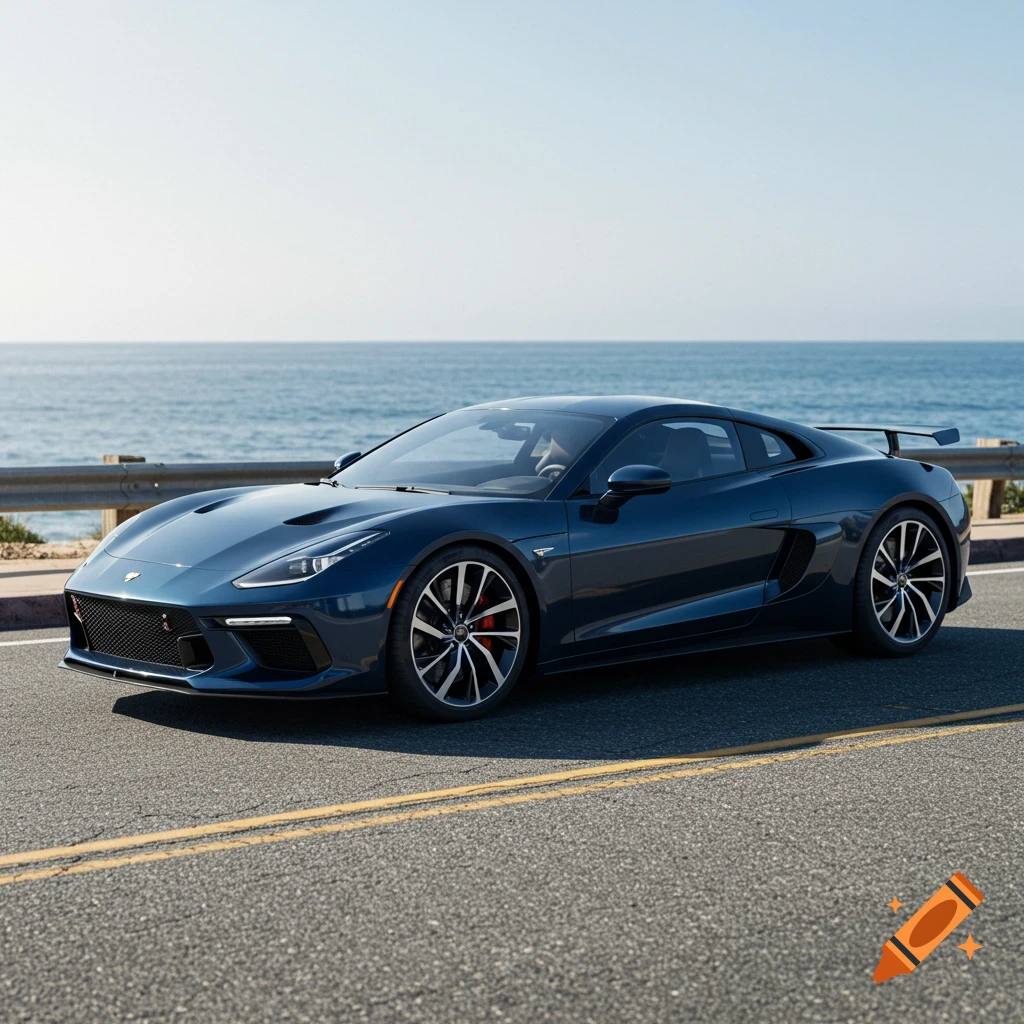 A dark blue sports car with a sleek design parked on a coastal road overlooking the ocean under a clear sky.