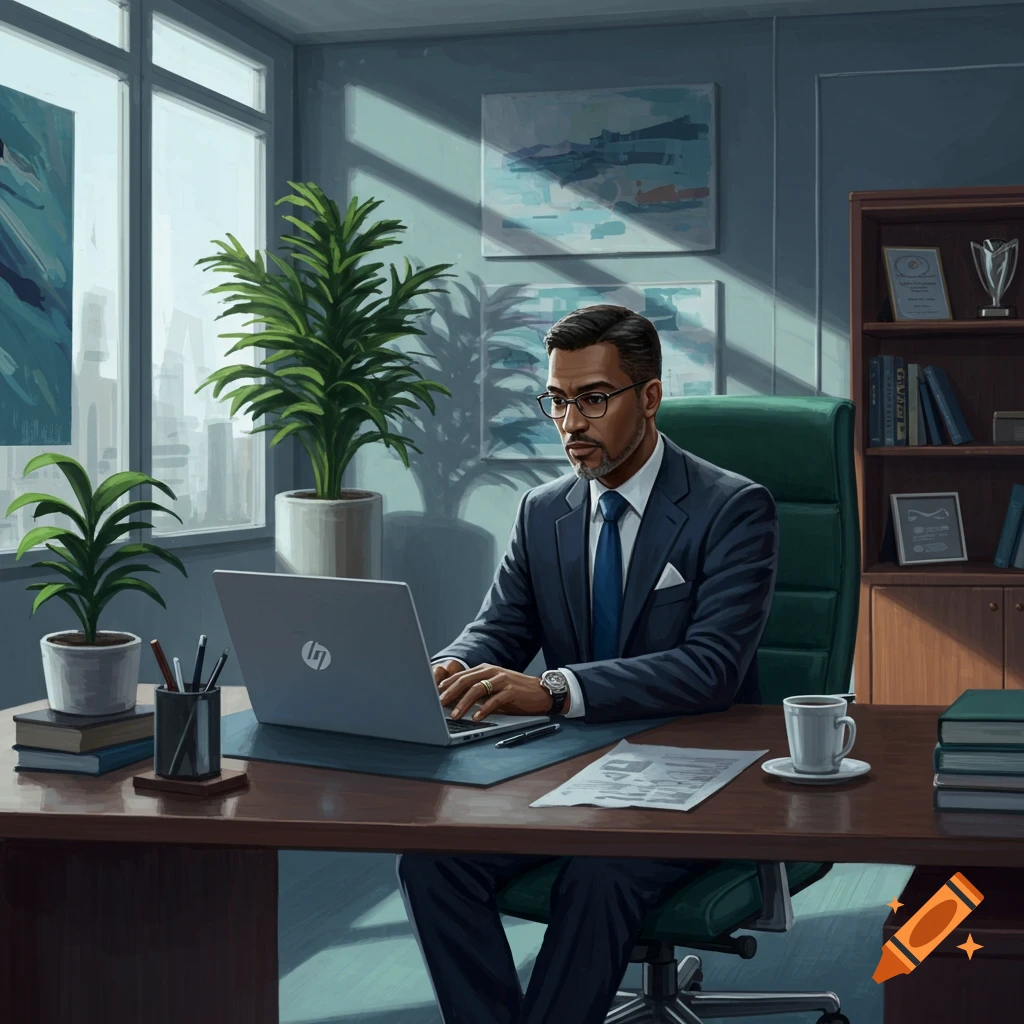 A stylized illustration of a professional man in a suit and glasses working on a laptop at a desk in a well-lit office.