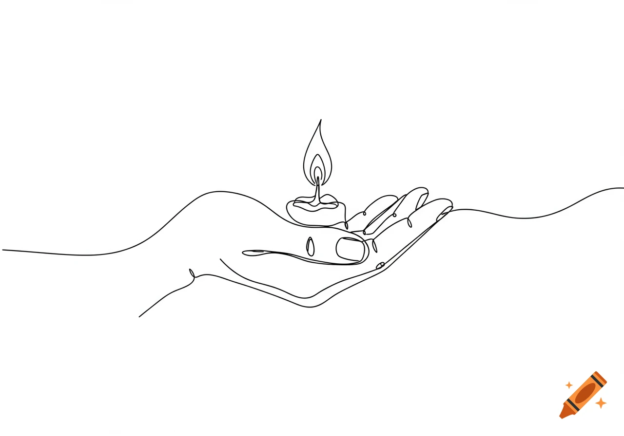 A continuous line drawing depicts a right hand gently cupping and holding a small lit candle with a flame.