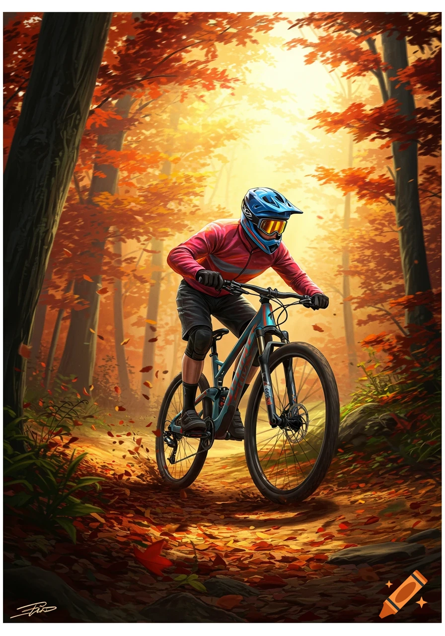 A person on a mountain bike rides down a sunlit forest path covered in orange and red autumn leaves, in a digital art style.