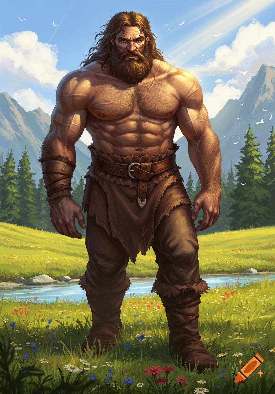 A muscular, bearded man with long brown hair, wearing primitive clothes, stands in a vibrant meadow with a river and mountains.