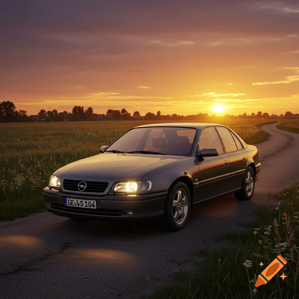 A dark gray Opel Omega sedan drives on a winding rural road at sunset, with fields on either side.