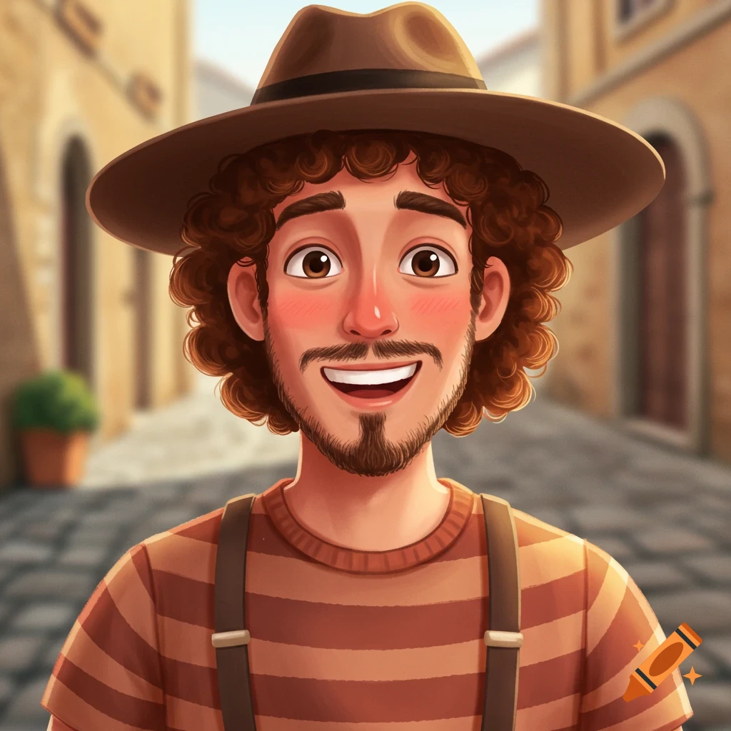 A cartoon man with curly brown hair, a beard, a hat, and a striped shirt, smiling in an Italian street.